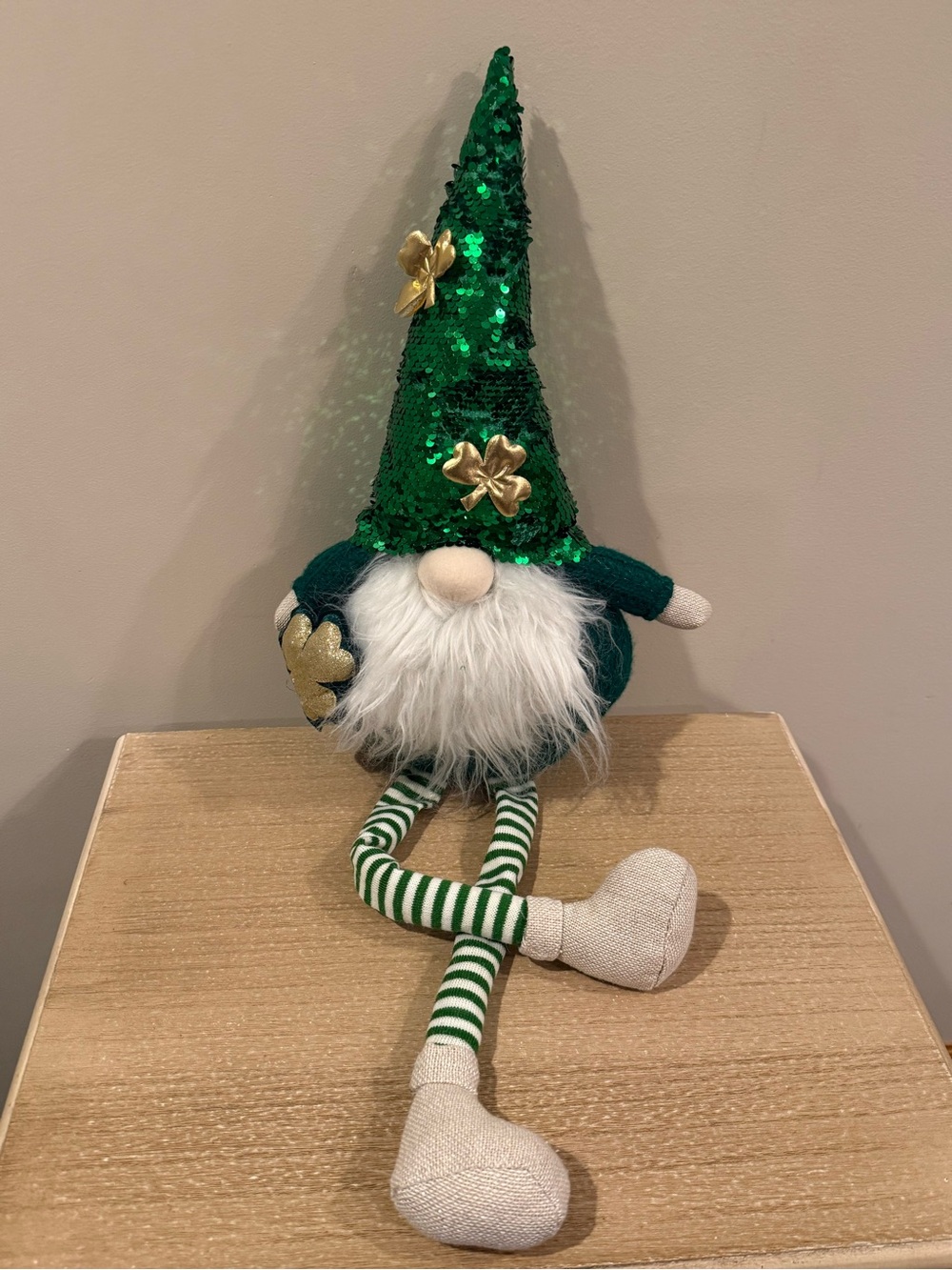 Green Sequin Gnome with Gold Shamrock Accents